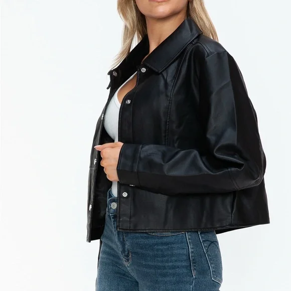 Snobbish Snap Down Long Sleeve PU Leather Jacket - Picture 8 of 12